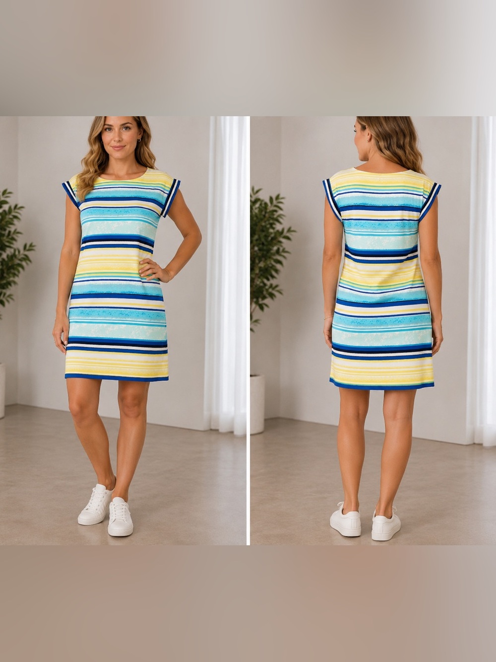 Tommy Hilfiger Vintage Multicolor Striped Shift Dress in Yellow, Teal & Navy - Picture 1 of 7